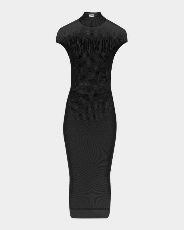 Flocked Logo Mesh Cap-Sleeve Maxi Dress